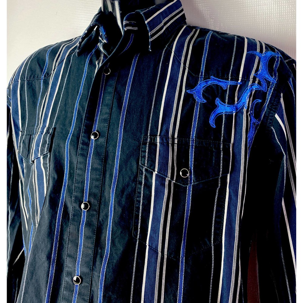 Wrangler Authentic Western Shirt Pearl Snap Striped L/S Sewn Accent Sz L Cowboy